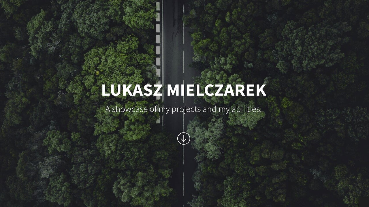 White logo on the background of the forest and the road seen from above.